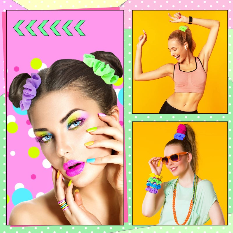 XunYee 12 Pcs Neon Scrunchies Bulk for 80s Hair Ties Bright Color Neon Hair Accessories Scrunchy Elastic Hairbands for Women Ropes Ponytail Bands 90s Party Outfits Workout, 6 Solid Colors - Image 3